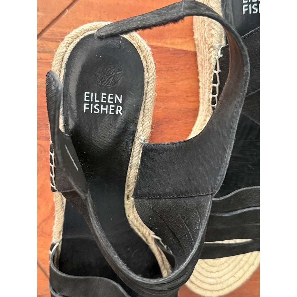 Eileen Fisher Largo Espadrille Black Wedge Sandals Multi Strap Platform Size 9.5